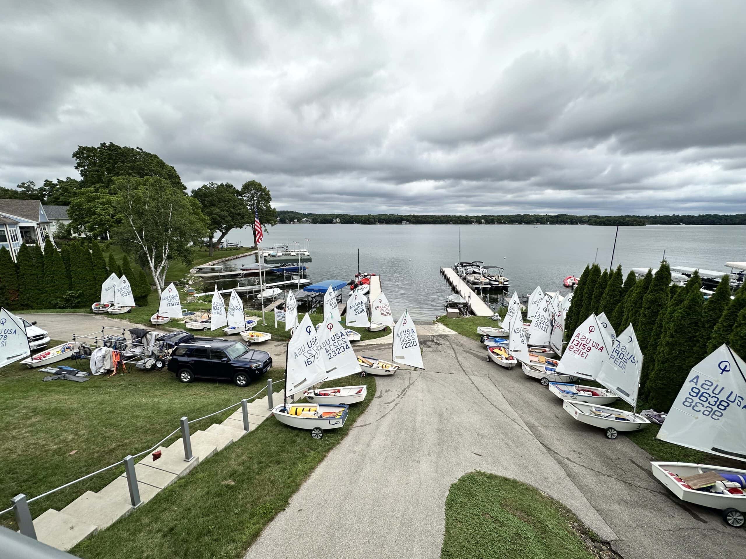 Concrete boat ramp leading into Lake Okauchee
